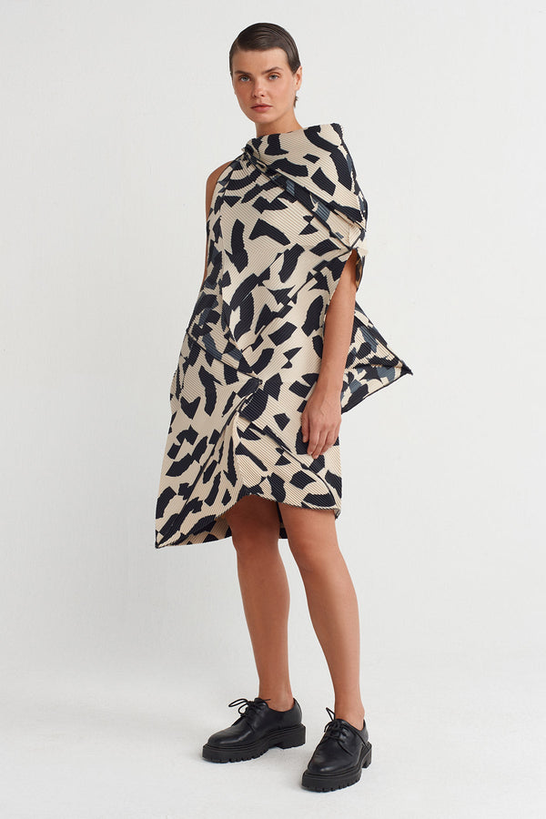 NU Printed Origami-Style Pleated Dress Multi Color