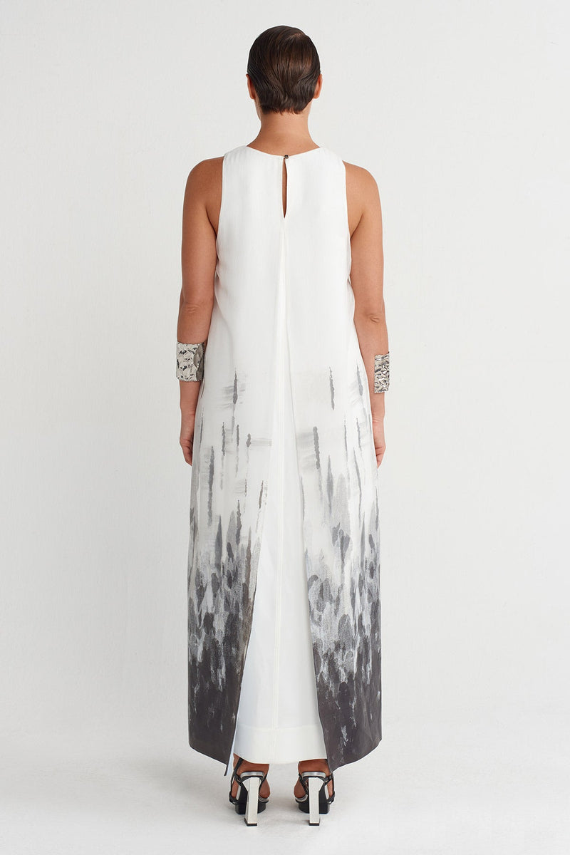 NU Printed Organza Long Dress Off White