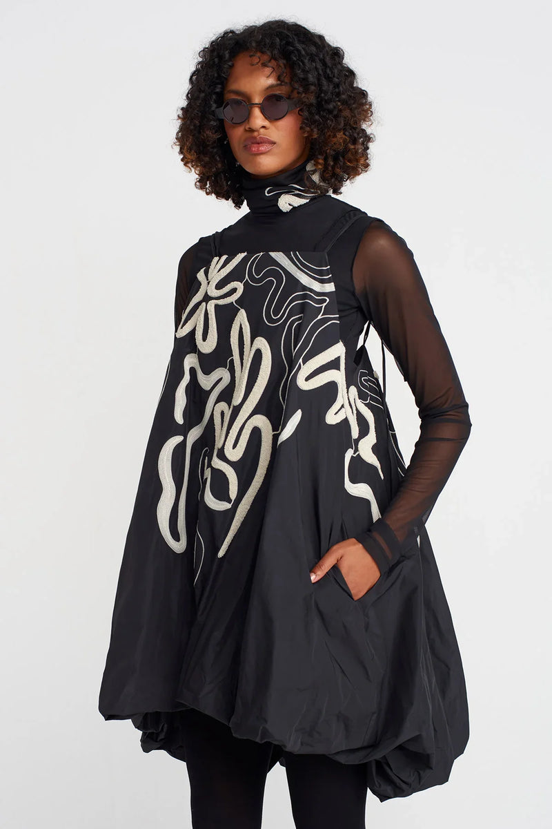 NU Embroidered Strapped Taffeta Balloon Dress Natural/Black