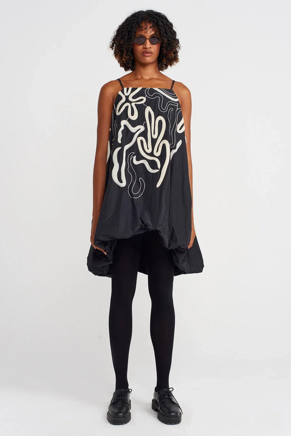 NU Embroidered Strapped Taffeta Balloon Dress Natural/Black