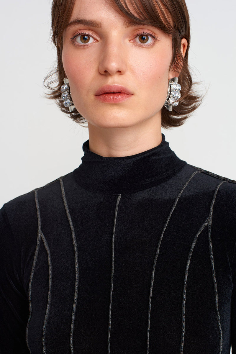 Nu Stitch Detailed Long Velvet Dress Black