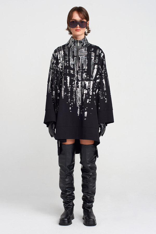 Nu Puffy Silver Printed Short Dress Black