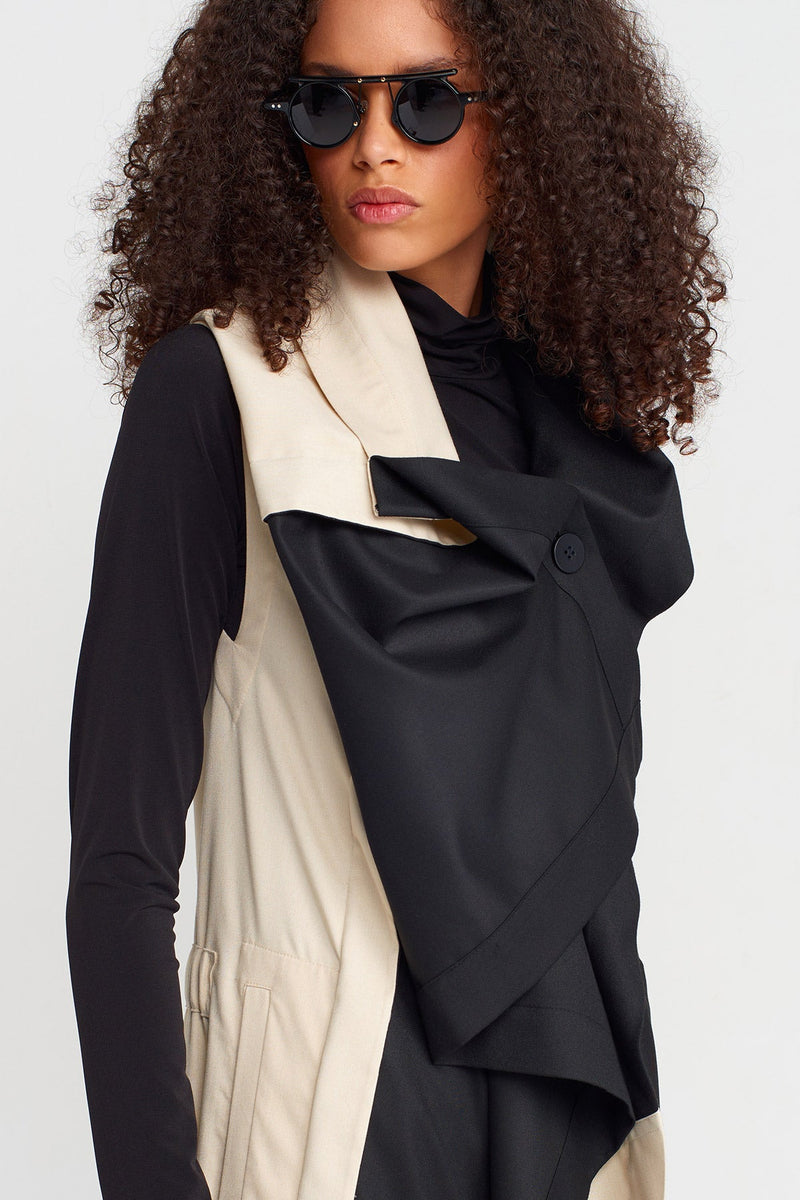 NU Color Block Wrap Collar Jumpsuit Natural/Black
