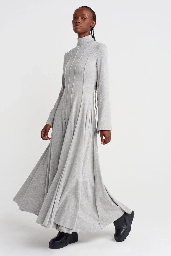 NU Raw Seam, Snap-Back Waist-Fitted Long Dress Light Grey Melange
