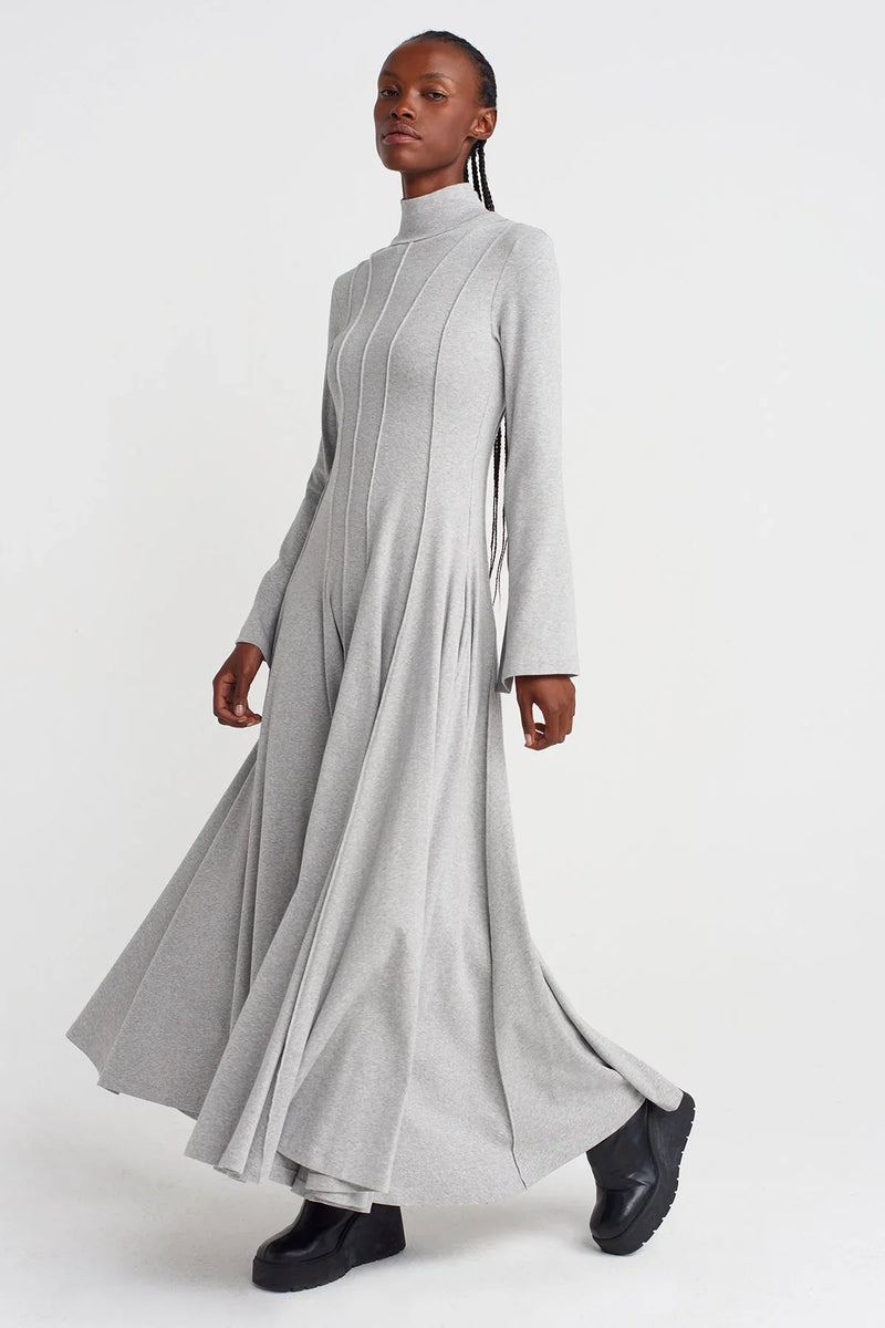 NU Raw Seam, Snap-Back Waist-Fitted Long Dress Light Grey Melange