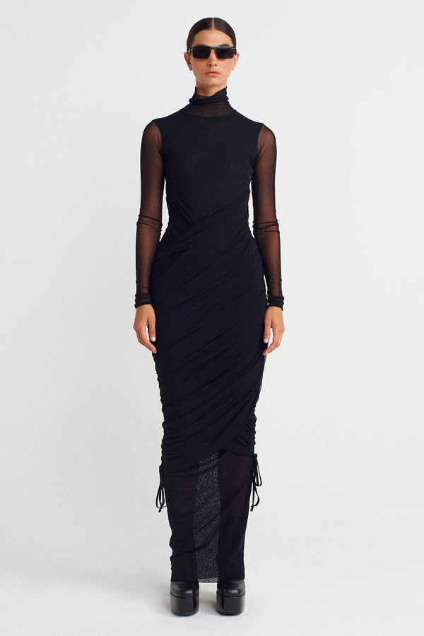 Nu Ruched Long Tulle Dress Black