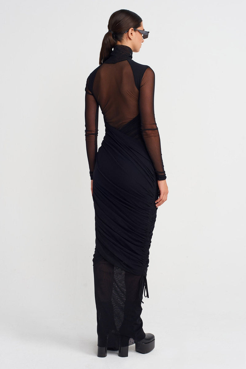 Nu Ruched Long Tulle Dress Black
