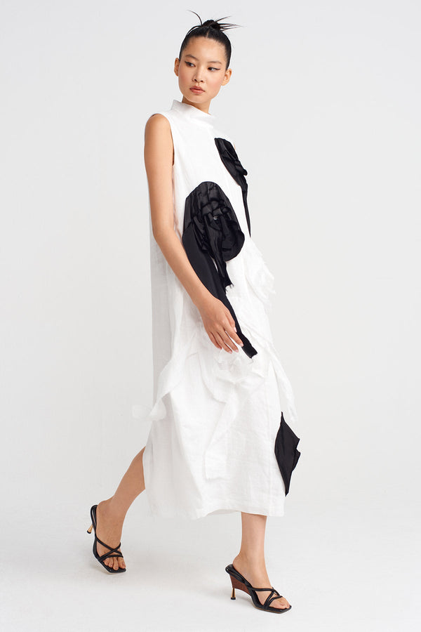 Nu Floral Appliqué Linen Dress Off White/Black