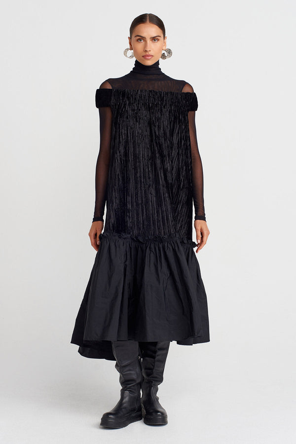 Nu Ribbed Velvet Off-Shoulder Flared Dress Black