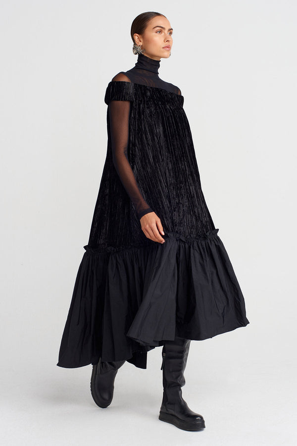 Nu Ribbed Velvet Off-Shoulder Flared Dress Black