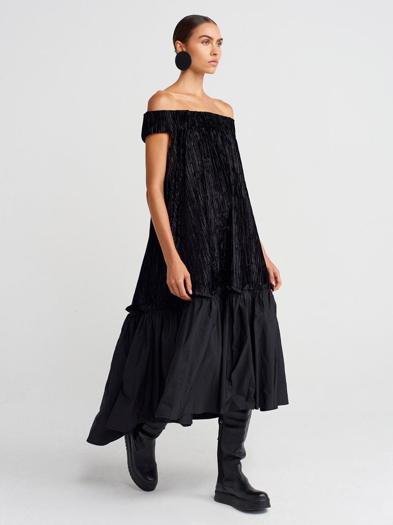 Nu Ribbed Velvet Off-Shoulder Flared Dress Black