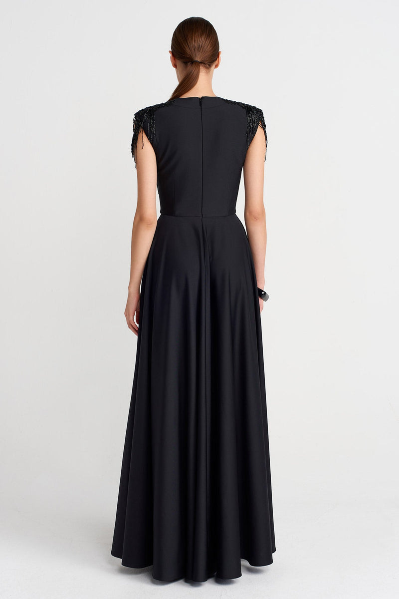 Nu Embellished Draped Maxi Dress Black