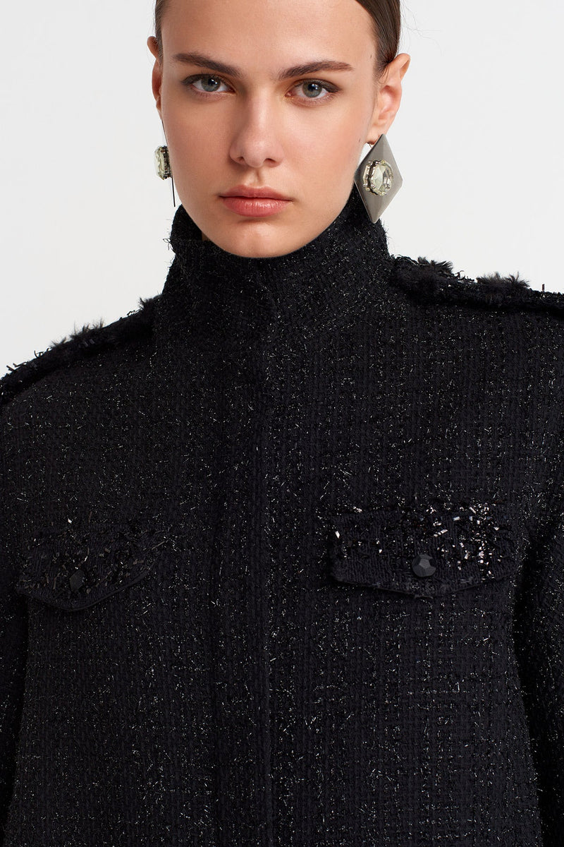 Nu Military Detailed Tweed Dress Black