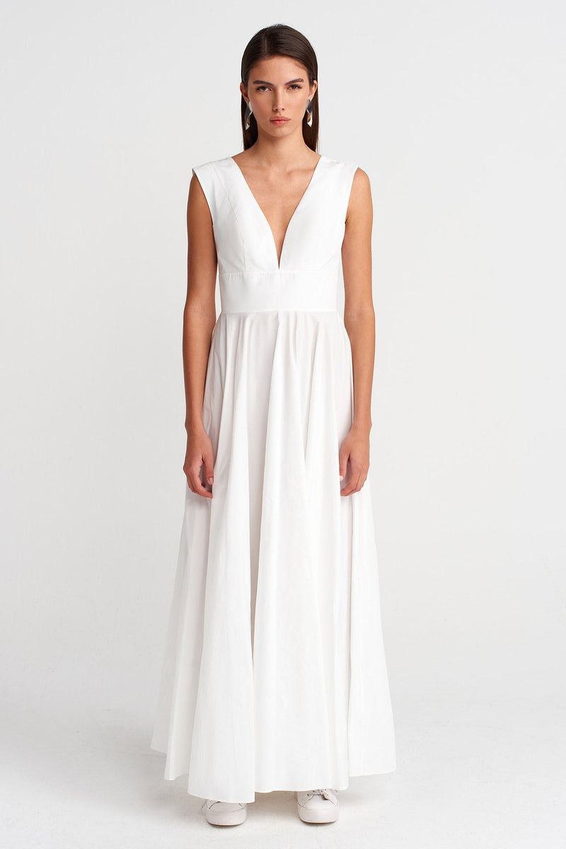 Nu Deep V-Neck Maxi In Fine Taffeta Milk Serum
