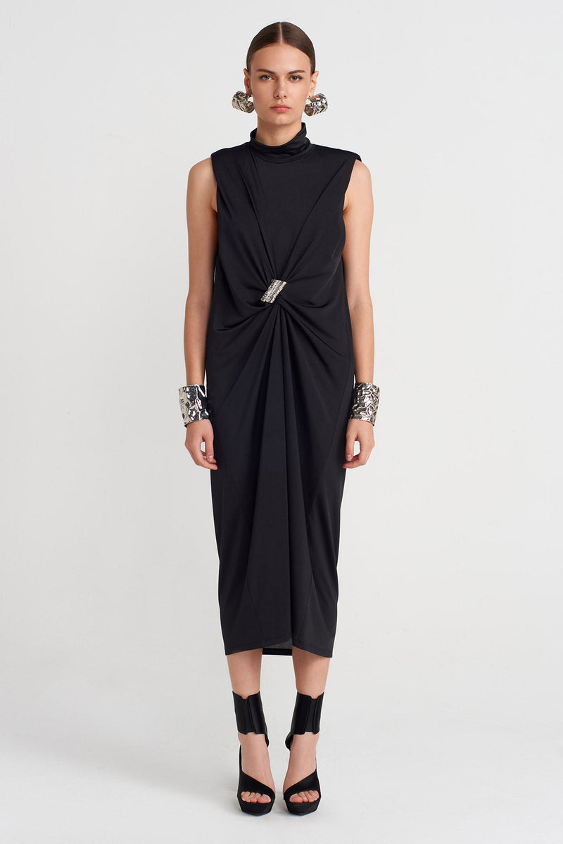 Nu Draped Dress With Metal Clasp Black