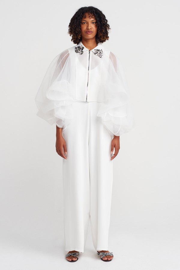 NU Embroidered Collar, Balloon Organza Jacket Off White
