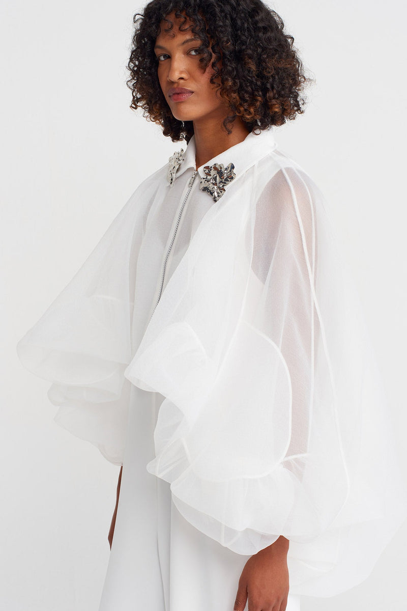 NU Embroidered Collar, Balloon Organza Jacket Off White