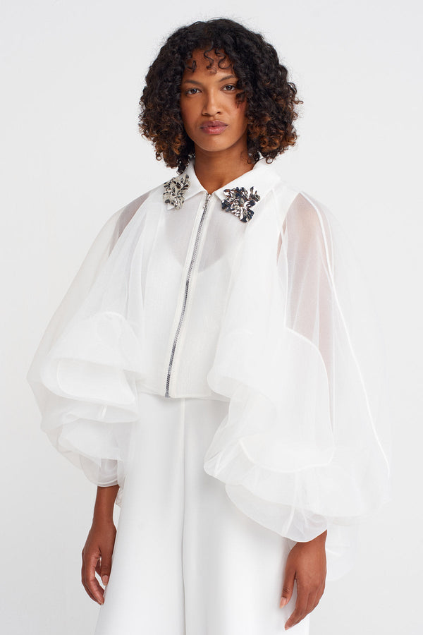 NU Embroidered Collar, Balloon Organza Jacket Off White