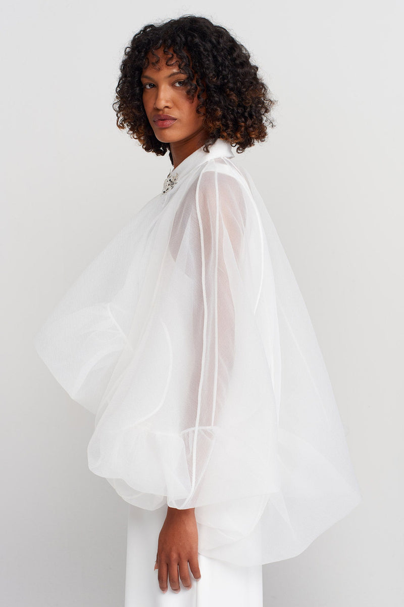 NU Embroidered Collar, Balloon Organza Jacket Off White