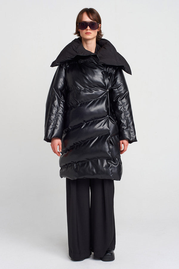 Nu Vegan Leather Puffer Coat Black