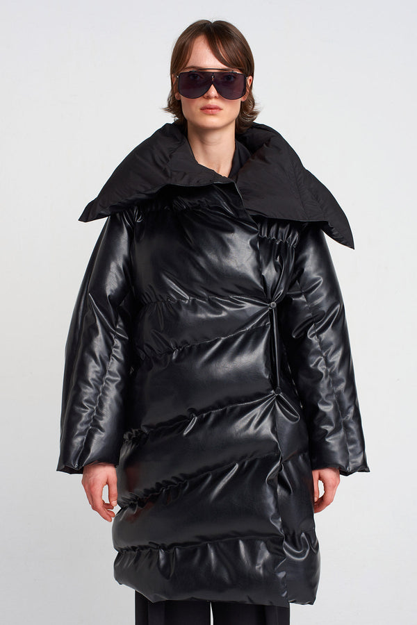Nu Vegan Leather Puffer Coat Black