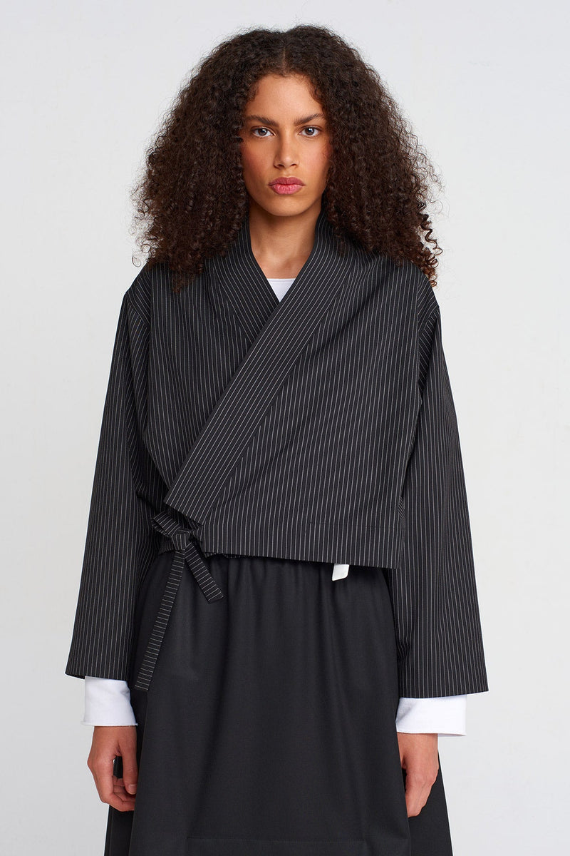 Nu Striped Double Breasted Closure Short Jacket Black
