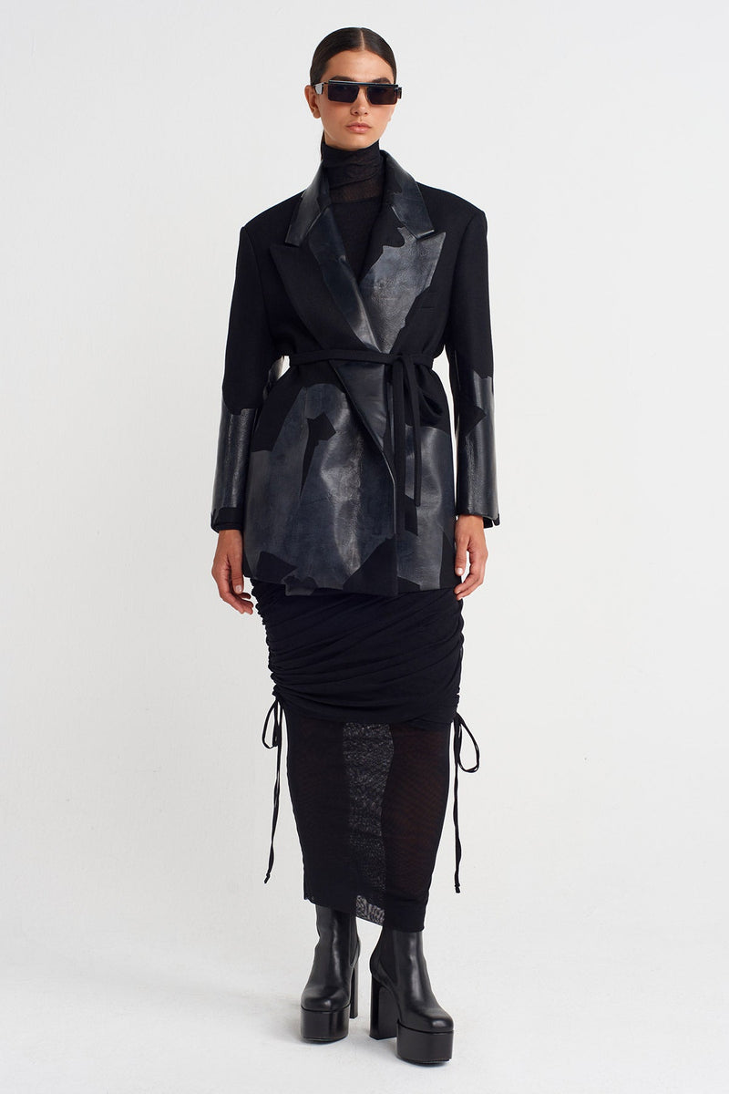 Nu Printed Tie-Waist Blazer Jacket Black