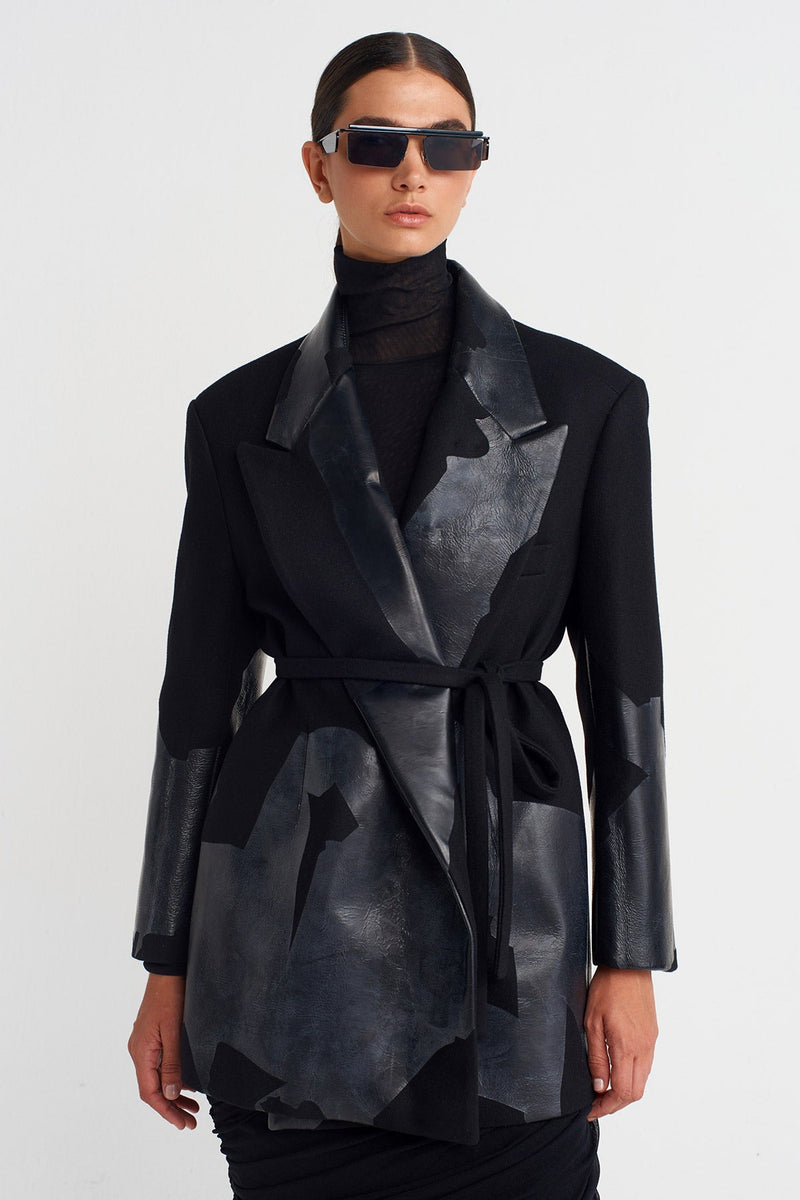 Nu Printed Tie-Waist Blazer Jacket Black