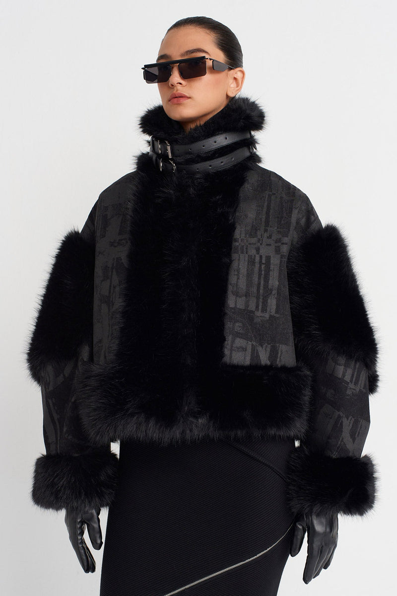 Nu Faux Fur Detailed Printed Jacket Black