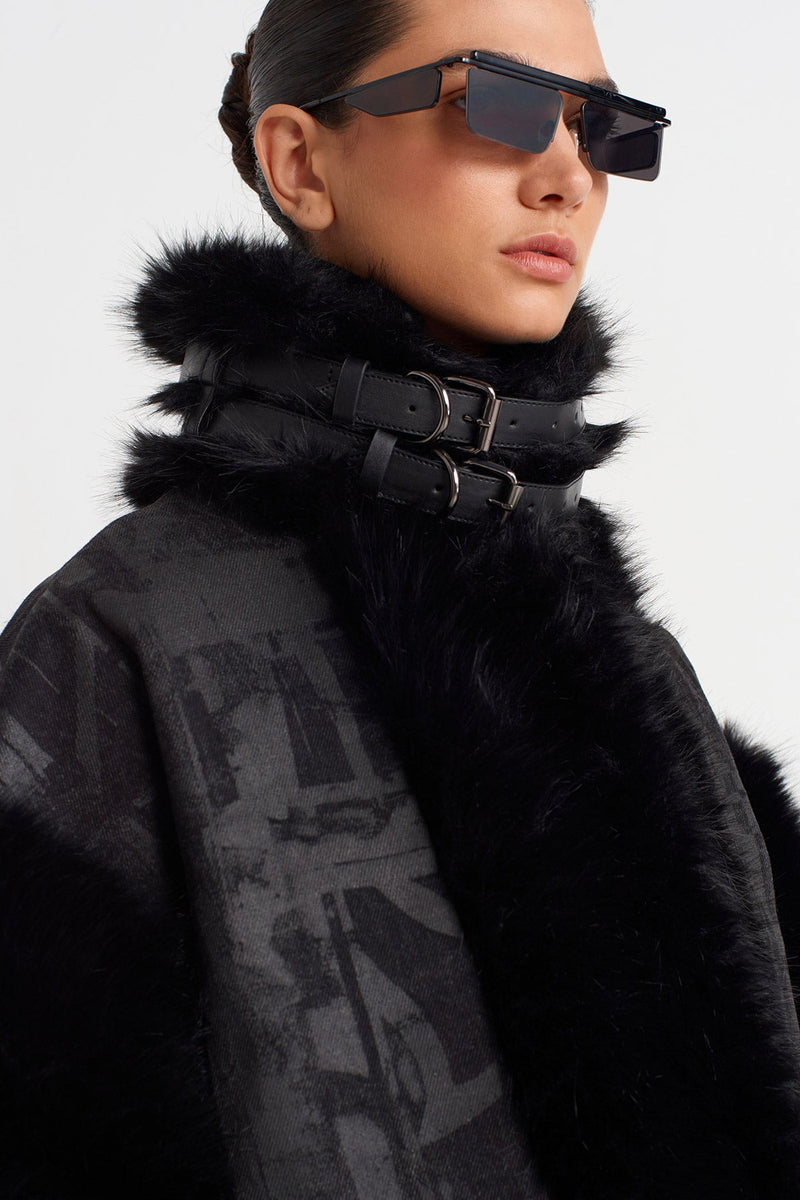 Nu Faux Fur Detailed Printed Jacket Black