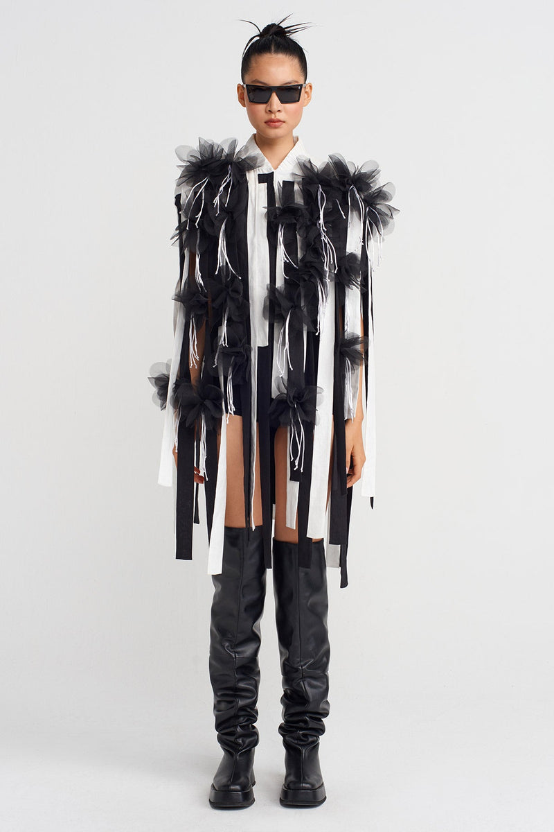 NU Floral Appliqué Striped Cape Jacket Off White/Black