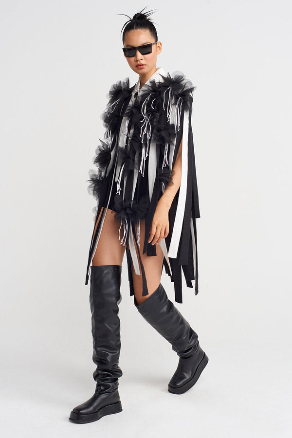 NU Floral Appliqué Striped Cape Jacket Off White/Black