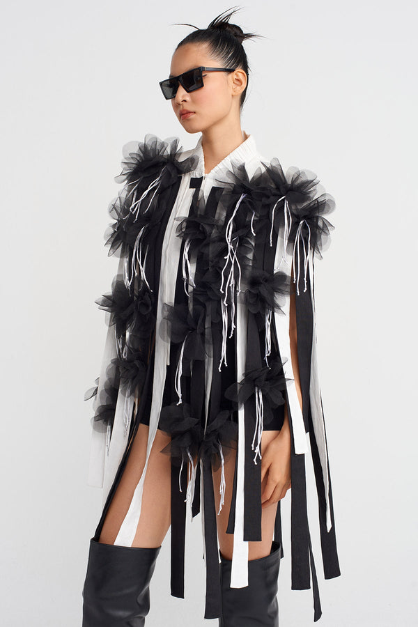 NU Floral Appliqué Striped Cape Jacket Off White/Black