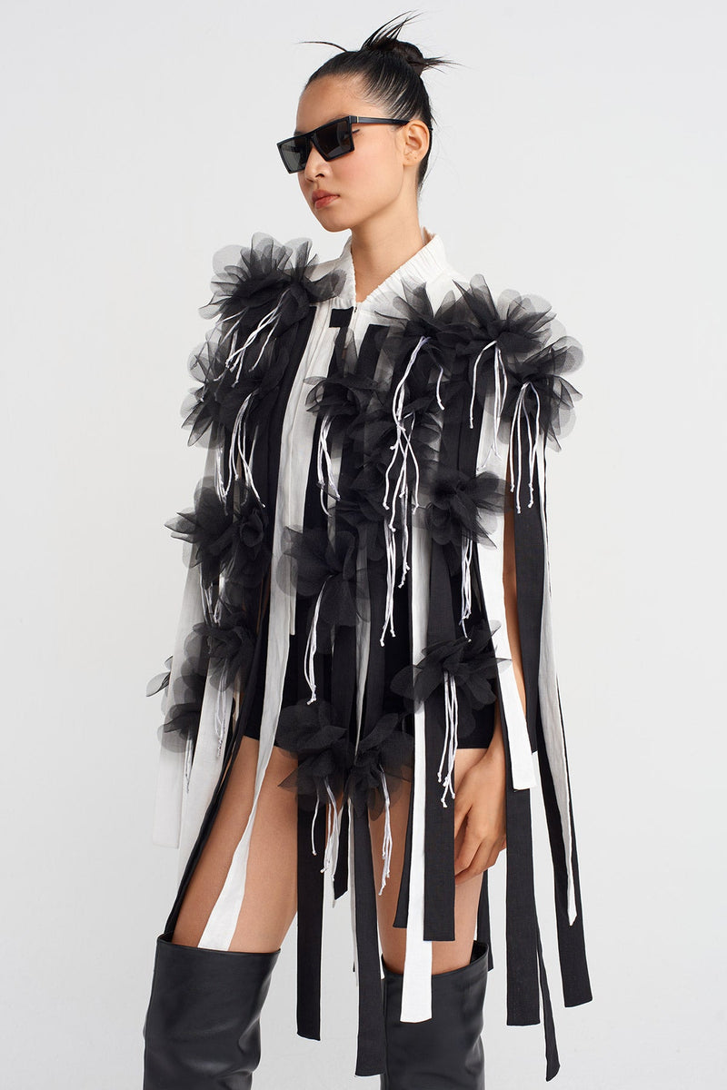NU Floral Appliqué Striped Cape Jacket Off White/Black