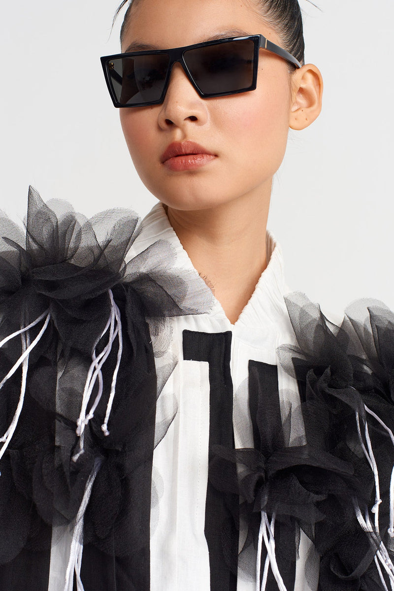 NU Floral Appliqué Striped Cape Jacket Off White/Black
