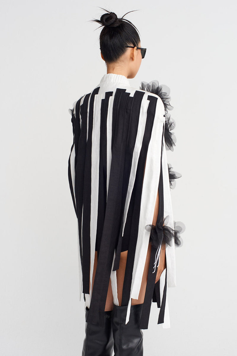 NU Floral Appliqué Striped Cape Jacket Off White/Black