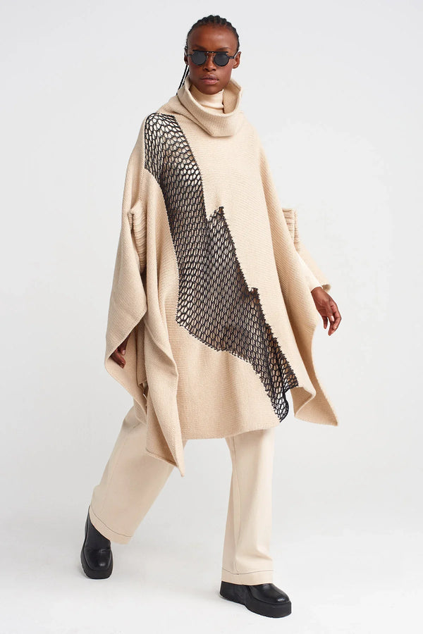 NU Mesh Detailed Knit Poncho Natural
