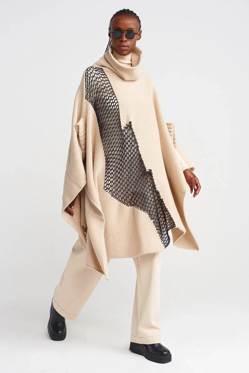 NU Mesh Detailed Knit Poncho Natural