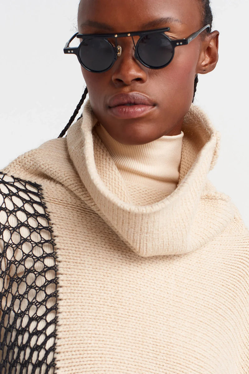 NU Mesh Detailed Knit Poncho Natural
