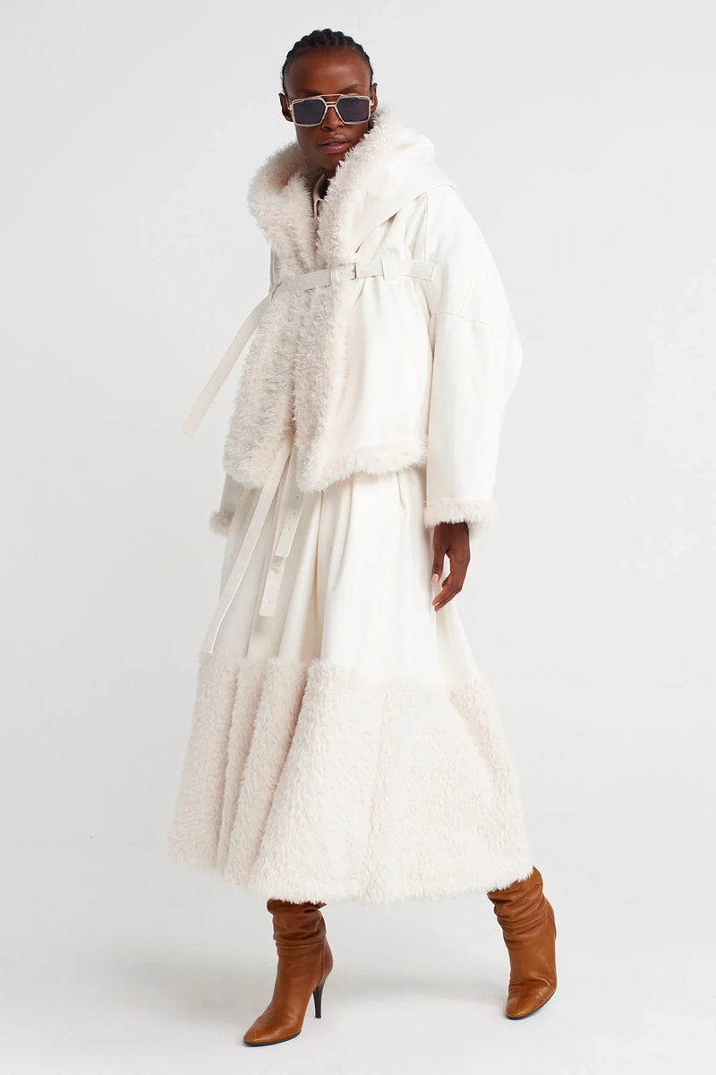 NU Denim Jacket With Chest Belt And Fur Inside Off White