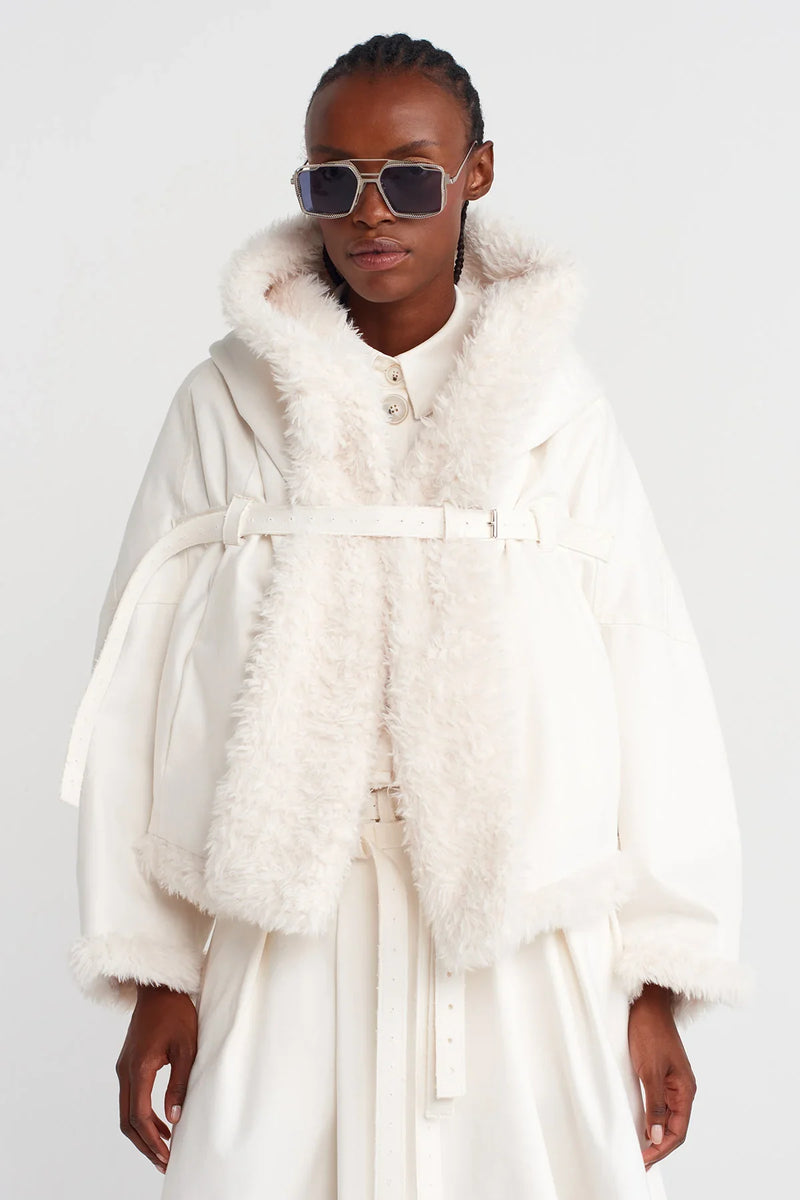 NU Denim Jacket With Chest Belt And Fur Inside Off White