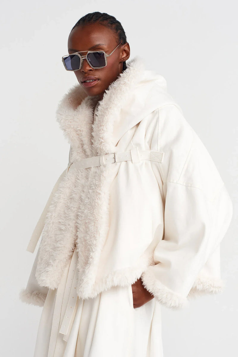 NU Denim Jacket With Chest Belt And Fur Inside Off White