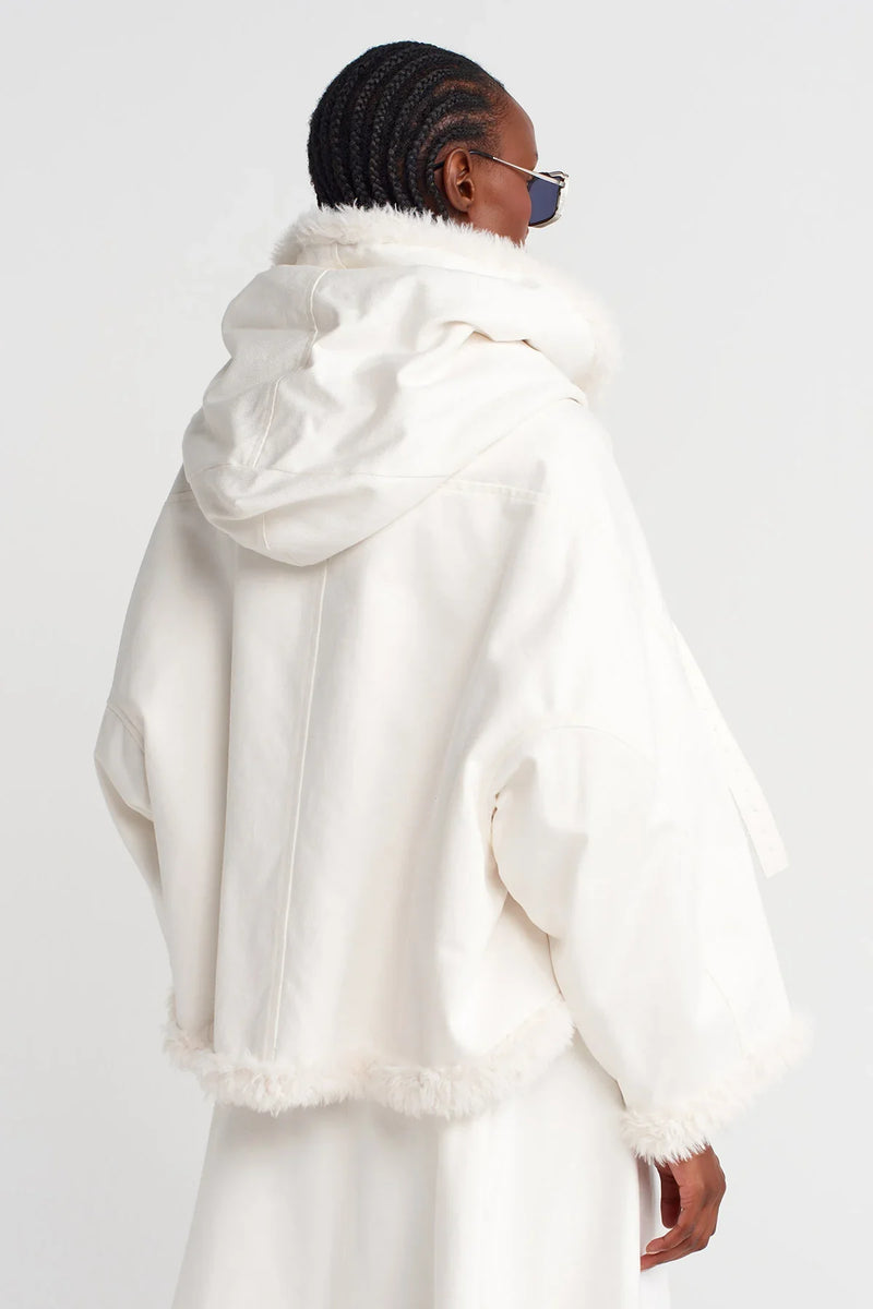NU Denim Jacket With Chest Belt And Fur Inside Off White