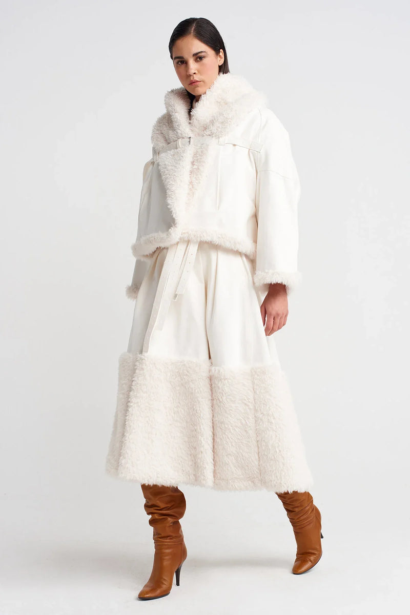 NU Denim Jacket With Chest Belt And Fur Inside Off White