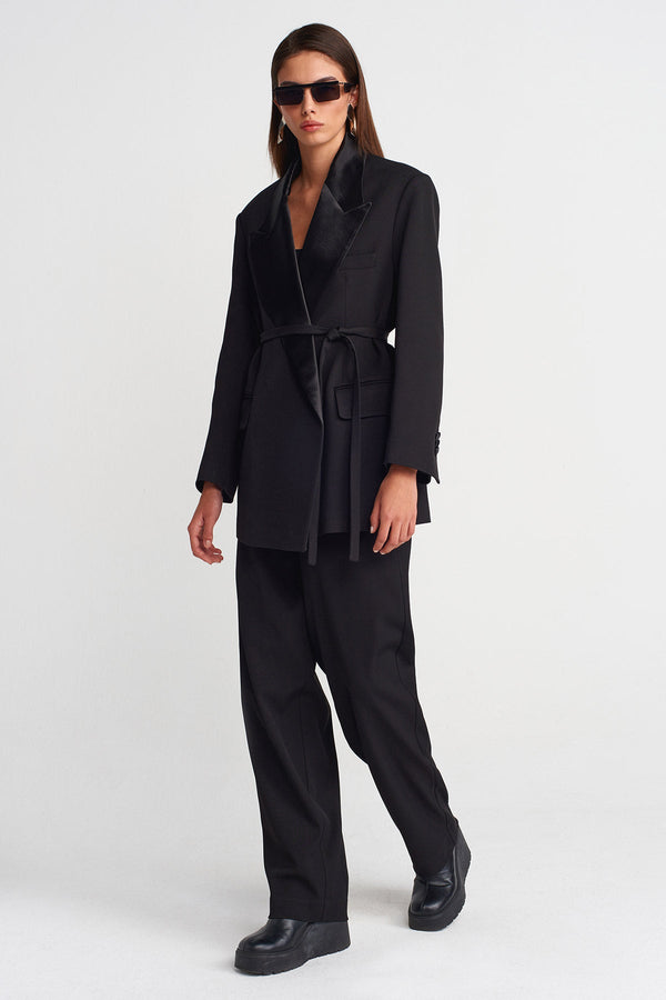 Nu Satin Lapel Belted Blazer Black