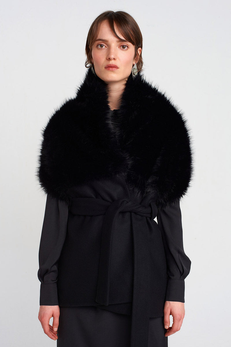 Nu Faux Fur, Waist-Tied Shawl Black