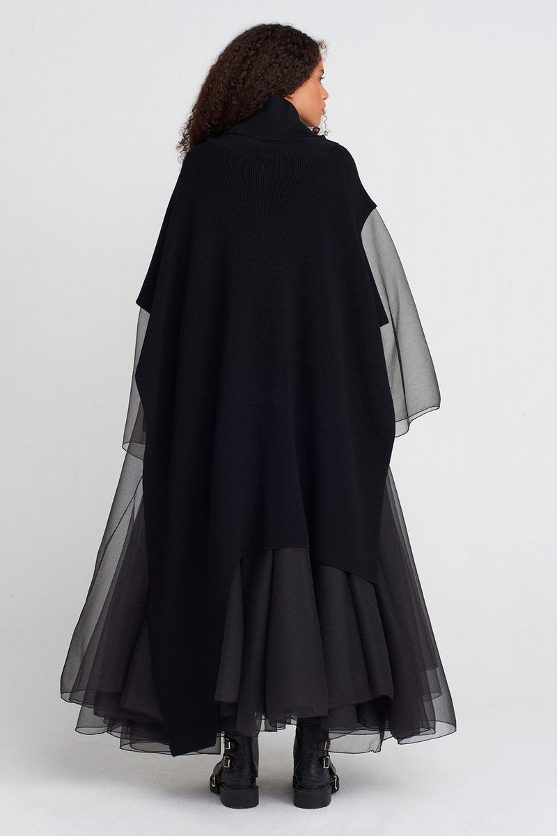 NU Asymmetric Long Knit Collar Poncho Black