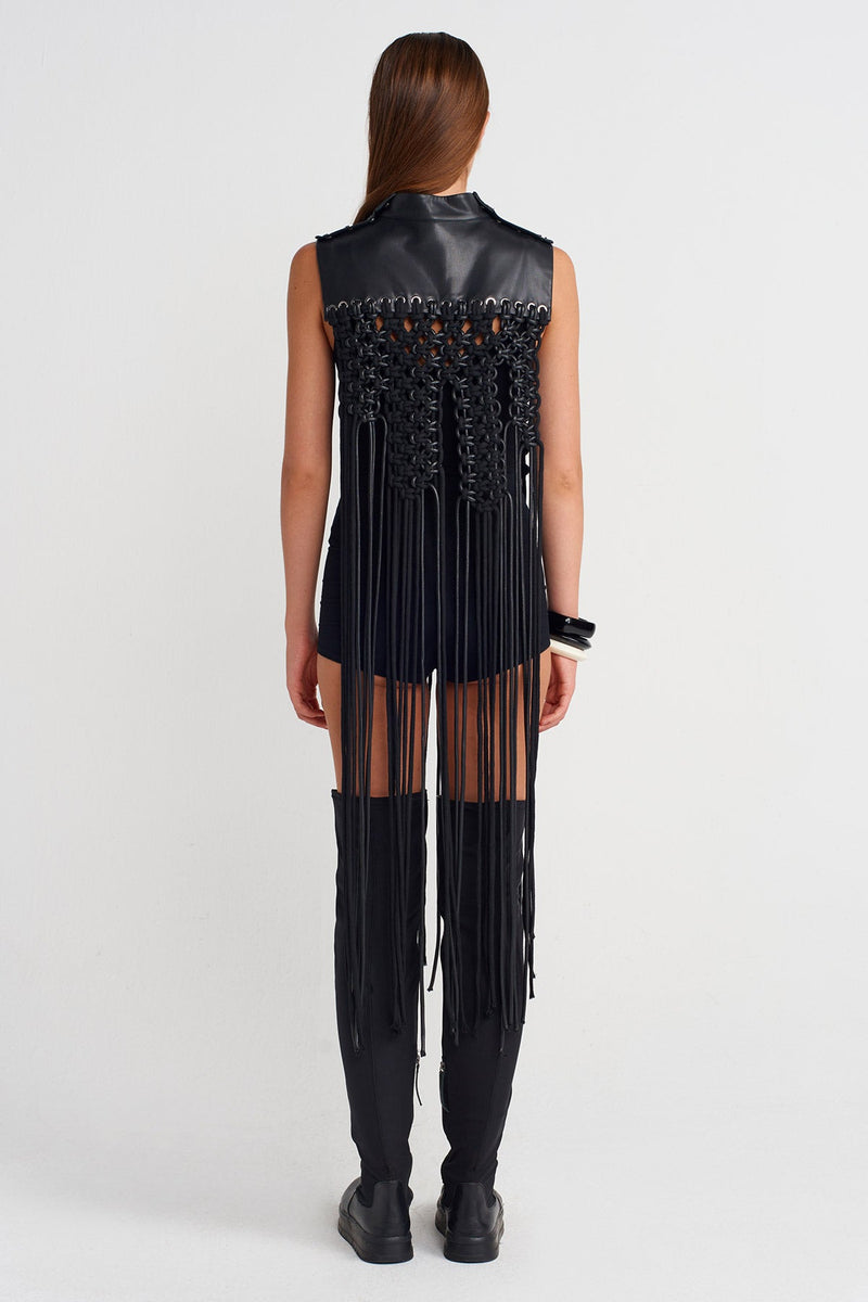 Nu Leather-Collar Macramé Fringe Shoulder Piece Black
