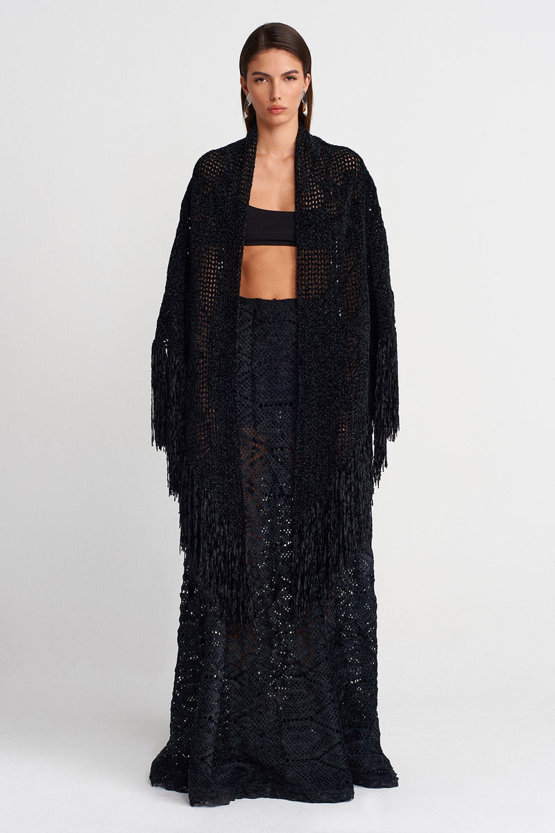 Nu Fringe Detailed Knitted Shawl Black