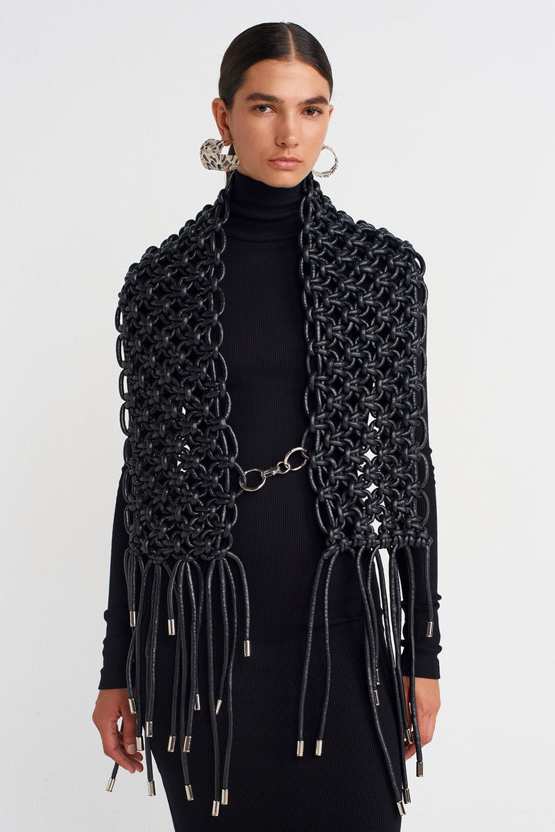 Nu Macramé Shoulder Piece With Metal-Tipped Fringes Black